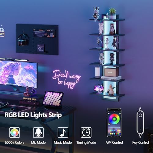 6 Tier Wall Shelf with LED Light Black Floating Shelf Unit for Home Decor and Storage