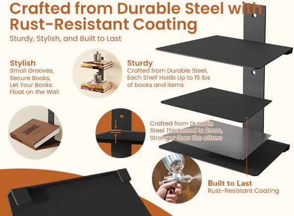 Wawocs Floating Book Shelves 4 Tier 2 Pack Black