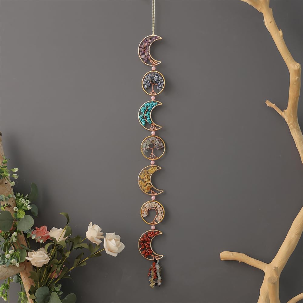 Chakra Wall Decor with 7 Healing Crystals and Tumbled Tassel Suncatcher