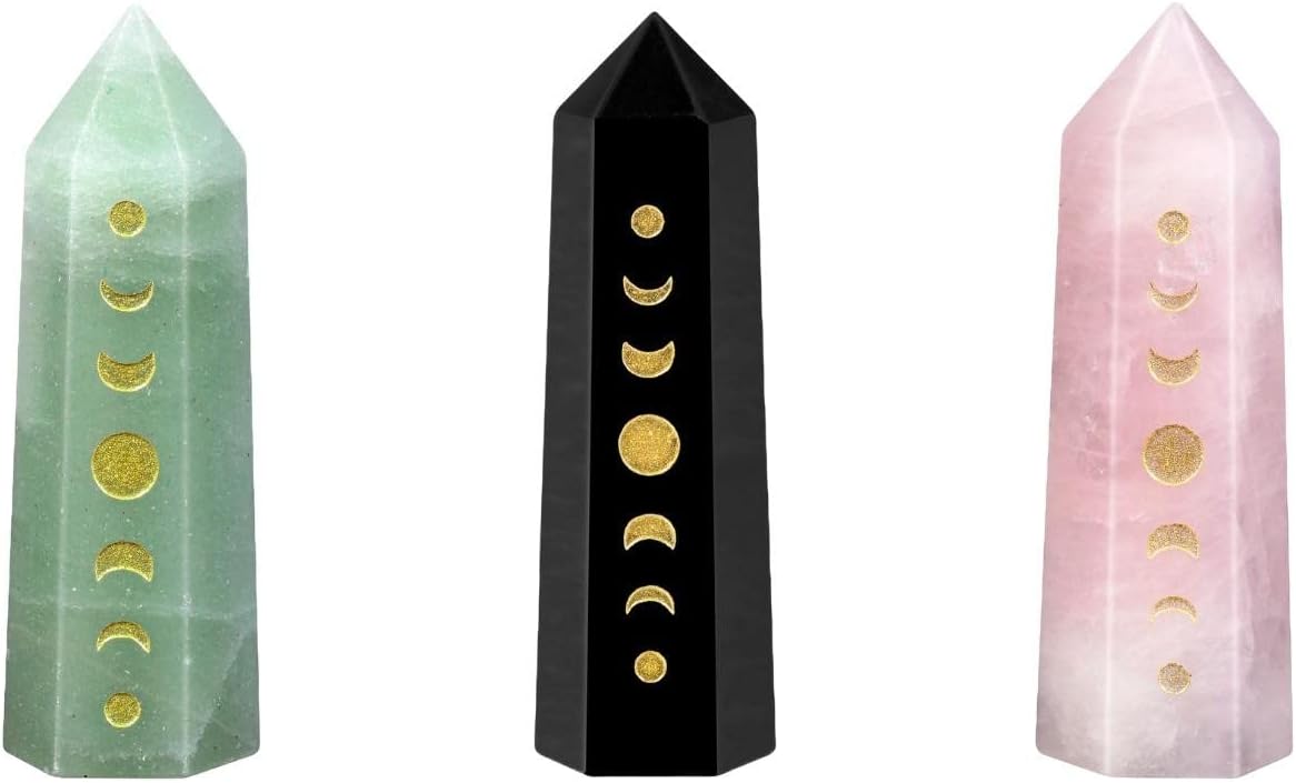 Rockcloud 3 Moon Phase Engraved Crystal Wands for Reiki Meditation and Home Decor
