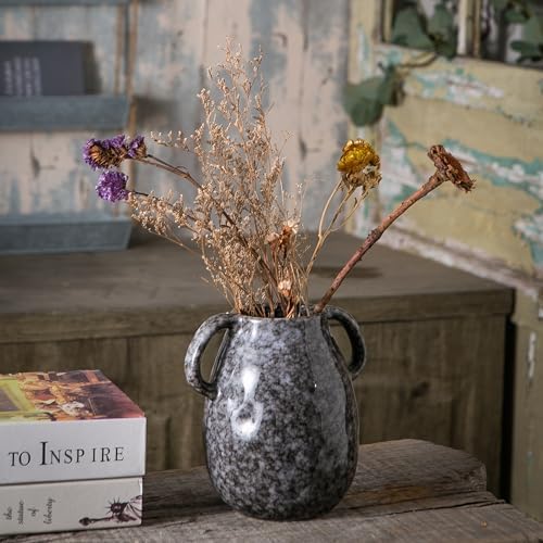 Black Ceramic Vase with 2 Handles 7 Inch Tall