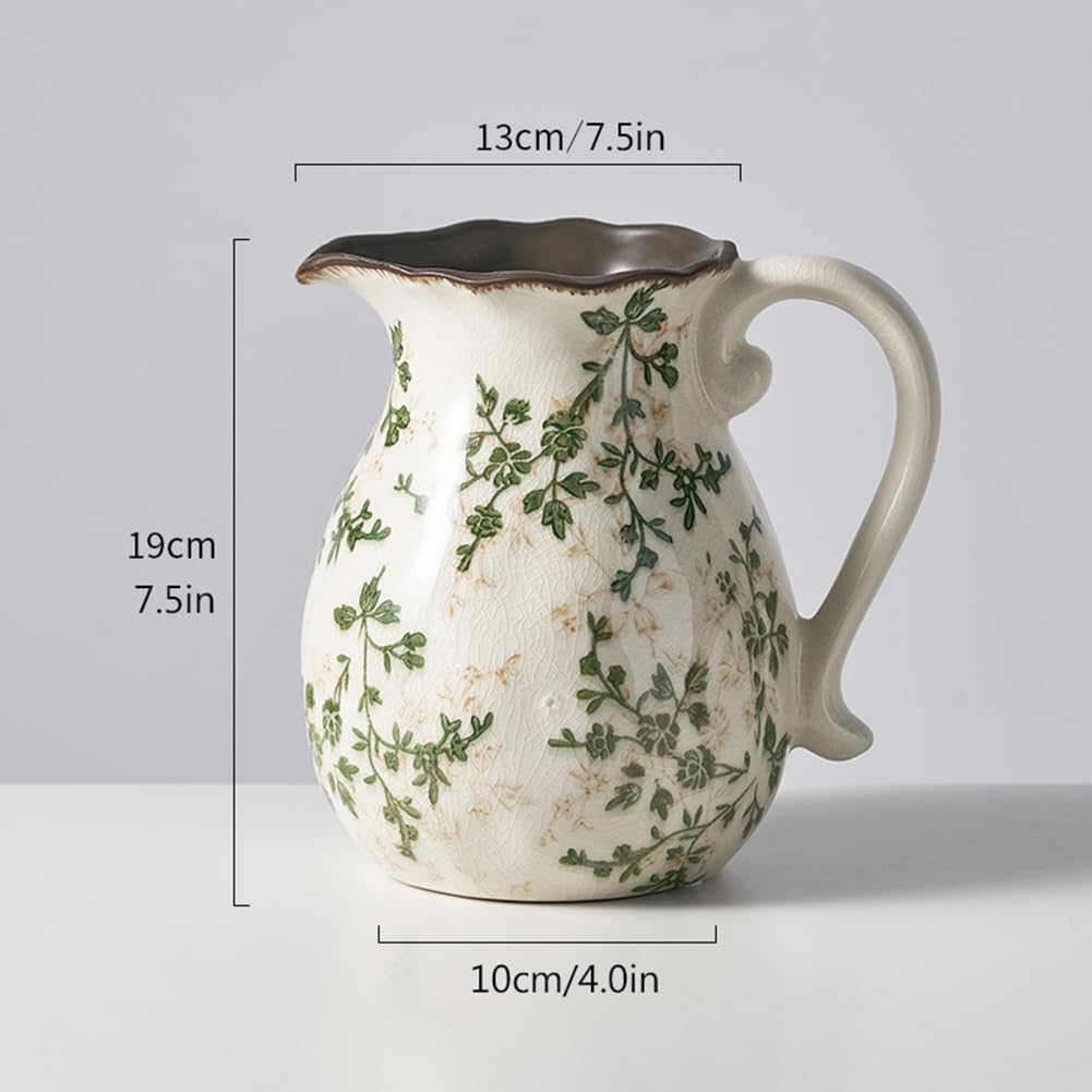 Vintage Green Floral Ceramic Pitcher Vase with Handle