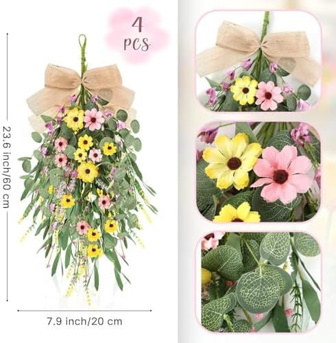 4 Pcs 24 Inch Artificial Spring Summer Wreath with Ribbon Flowers