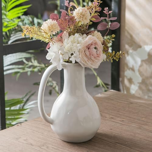 White Ceramic Vase with Big Handle and Rustic Design