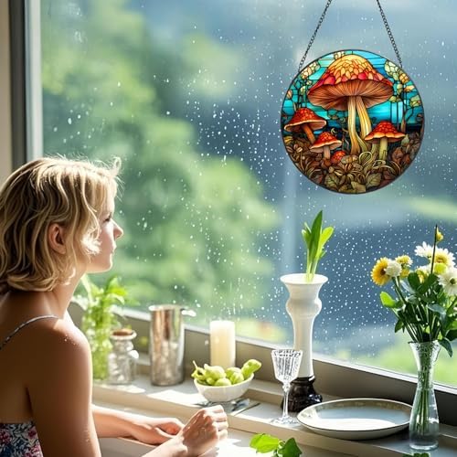 Stained Glass Window Hanging Suncatcher - Mushroom Design