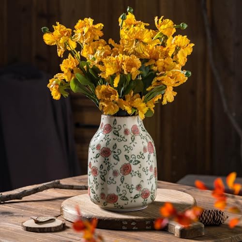 Green and Beige Vintage Round Ceramic Vase with Red Roses