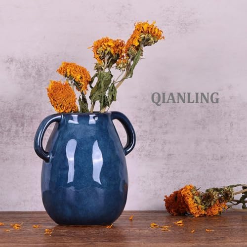 Blue Ceramic Vase with 2 Handles Modern Farmhouse Decor