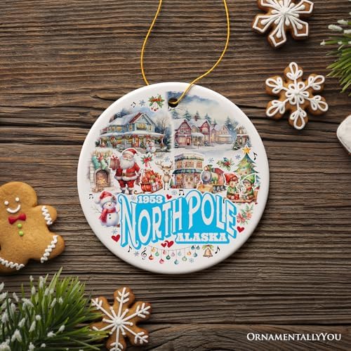 Alaska North Pole City Christmas Ornament with Santa and Elf Designs