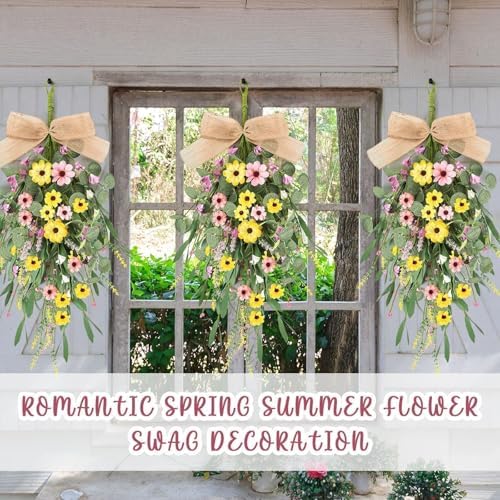 4 Pcs 24 Inch Artificial Spring Summer Wreath with Ribbon Flowers
