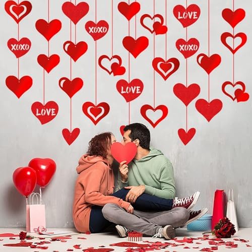 Red Glitter Heart Hanging Decorations 30 Pcs Foil Valentine Set