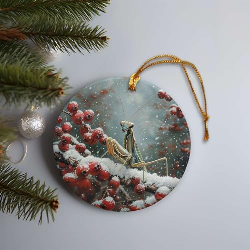 Snowy Berry Praying Mantis 3 Ceramic Ornament for Home Decor