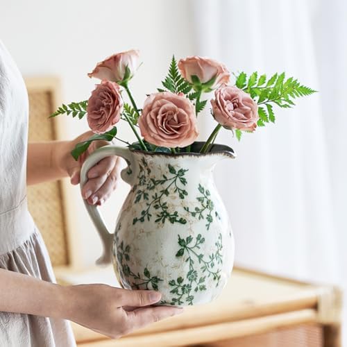 Vintage Green Floral Ceramic Pitcher Vase with Handle