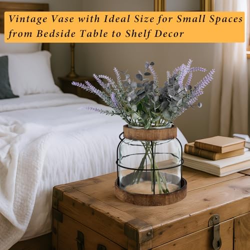 Vintage Glass Vase with Wood Frame and Metal Handle