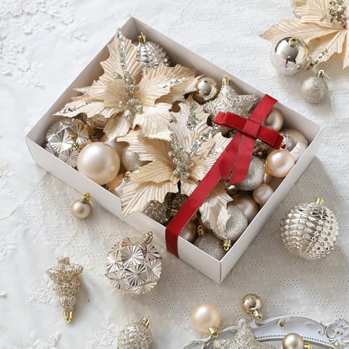 54Pcs Assorted Champagne Gold Xmas Tree Balls Ornaments Set