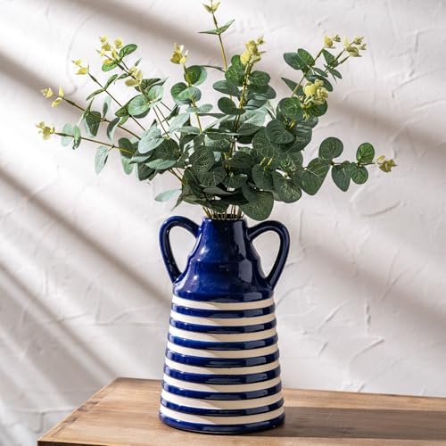 Ceramic Blue and White Striped Vase with Handles