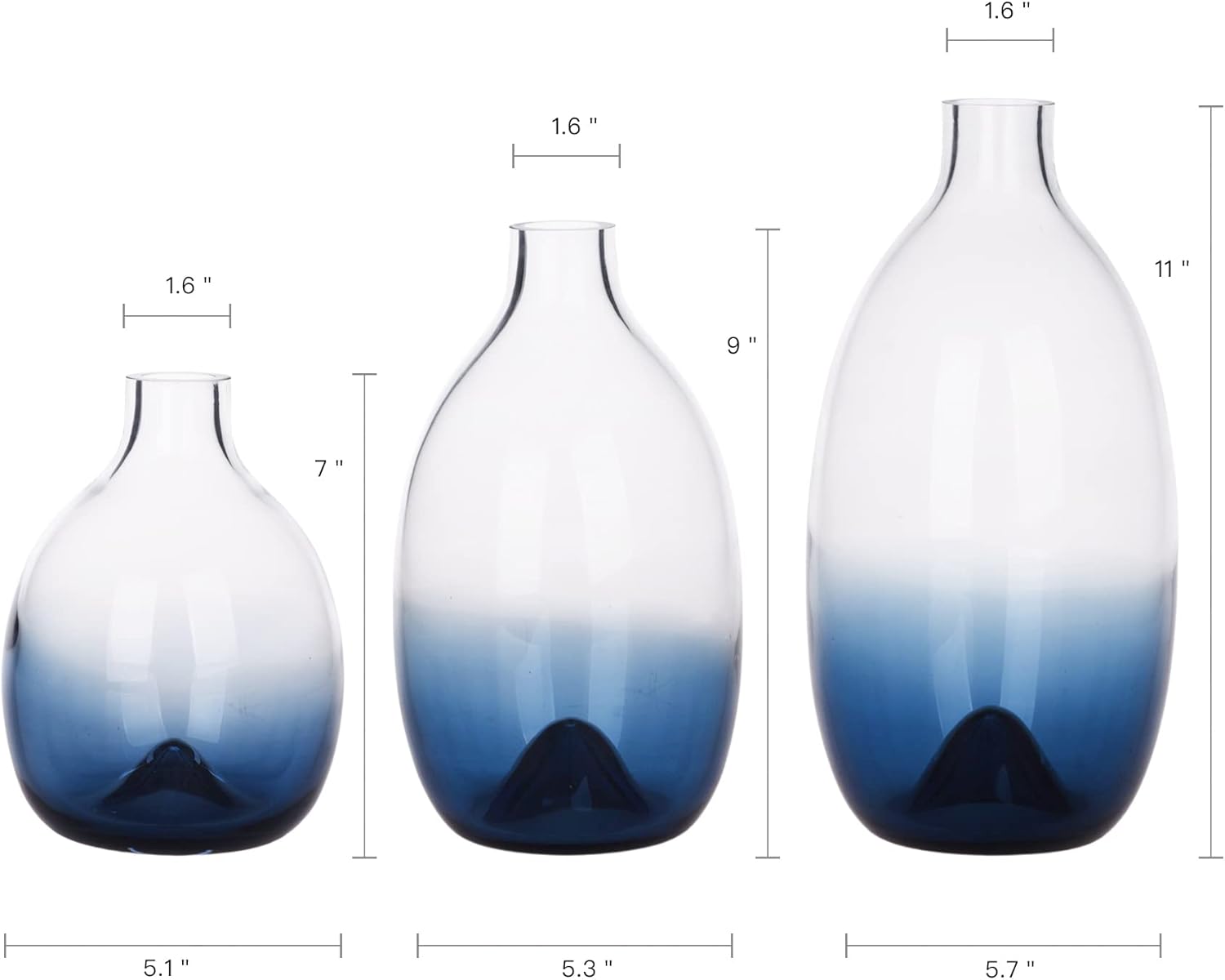 CONVIVA Glass Vase Set Modern Blue Decorative Vases Table Centerpieces