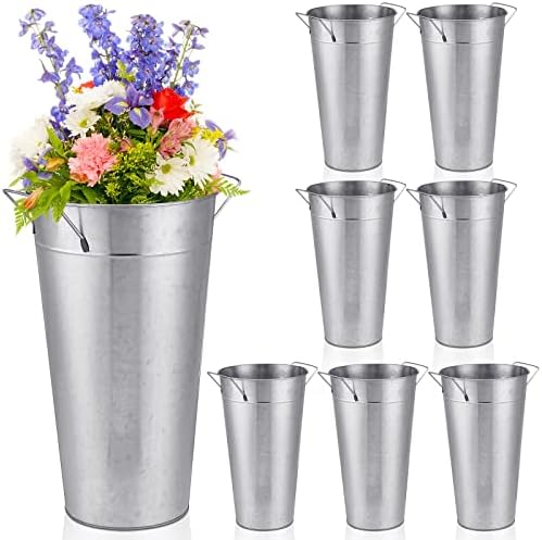 Zubebe 8 Pcs Silver Galvanized Flower Bucket Vases for Wedding Centerpieces and Home Decor