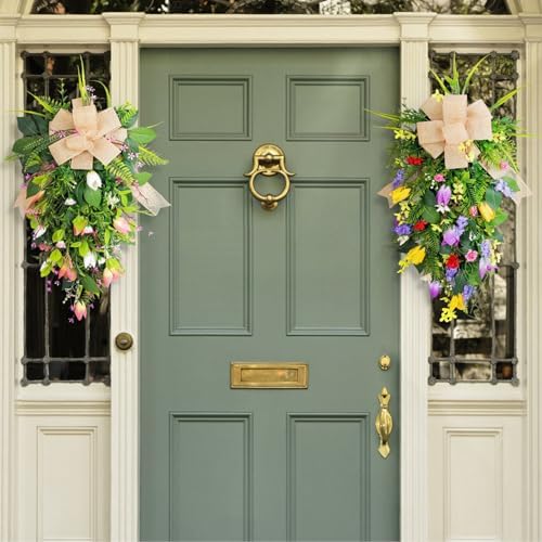 Spring Flower Wreath for Front Door Teardrop Swag with Artificial Tulips