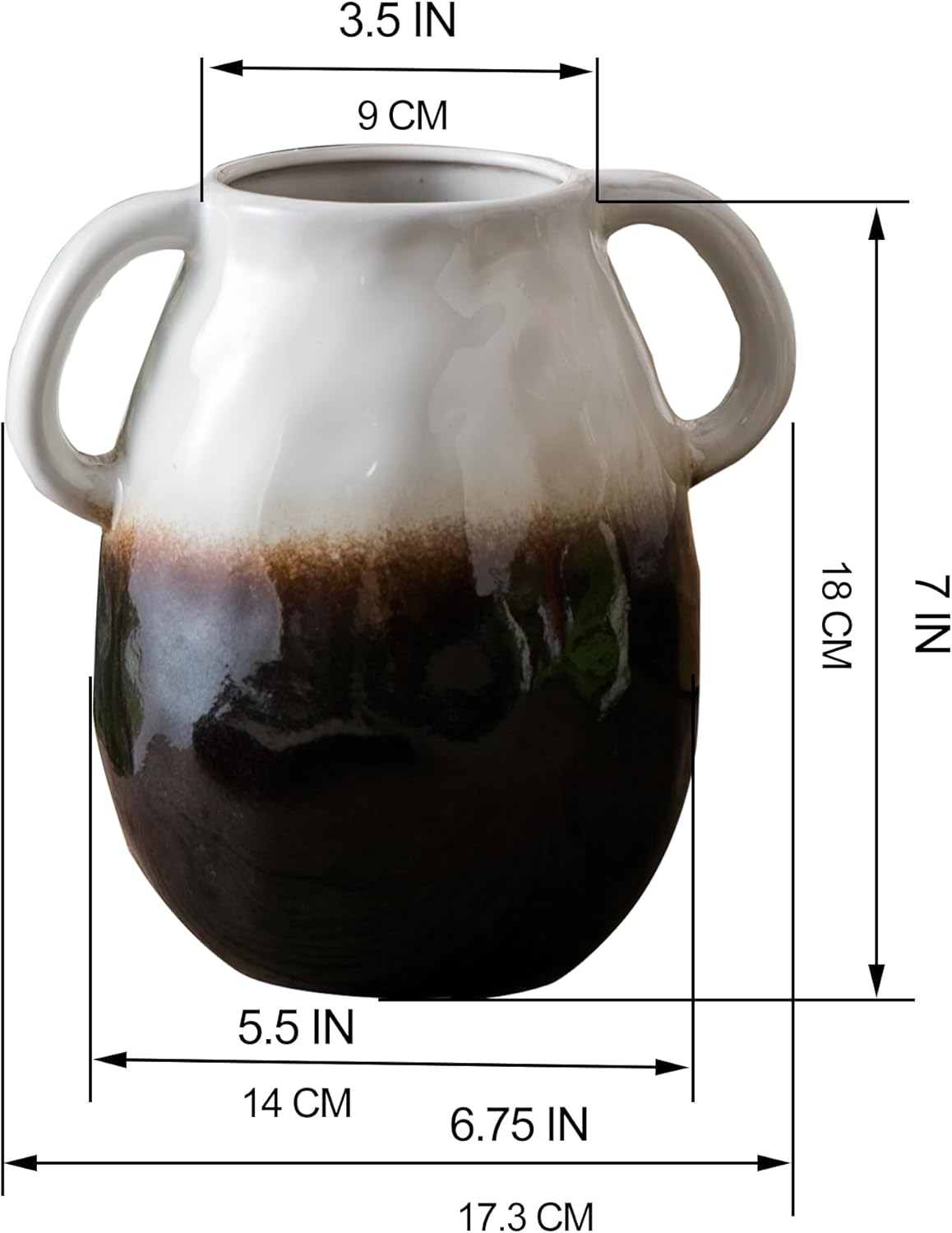 7 Inch White Gradient Ceramic Vase with 2 Handles