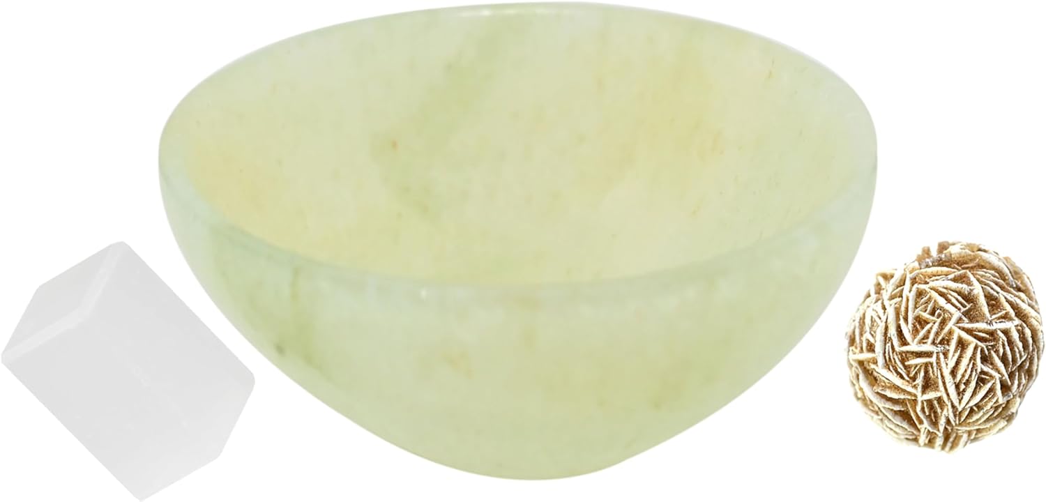 Natural Light Green Aventurine Bowl with Rose Selenite and Cube