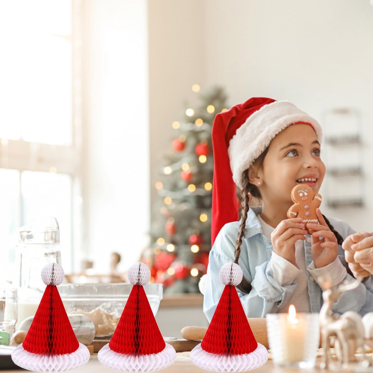 6Pcs Paper Flower Honeycomb Santa Hat Christmas Decorations