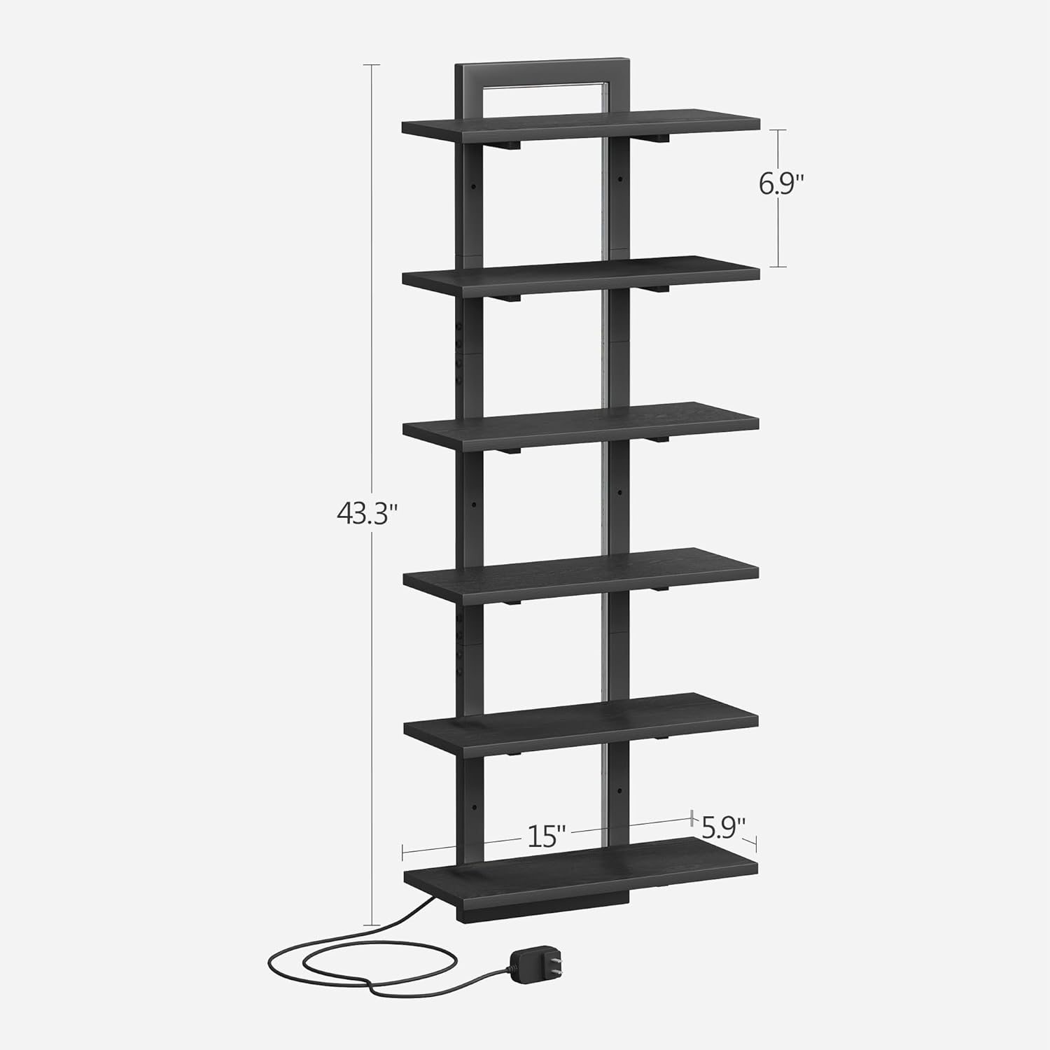 6 Tier Wall Shelf with LED Light Black Floating Shelf Unit for Home Decor and Storage