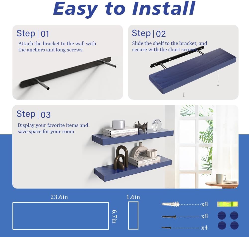 Floating Shelves for Home Decor 236 Inch Natural Wood Rustic Shelf Set of 2 Navy Blue