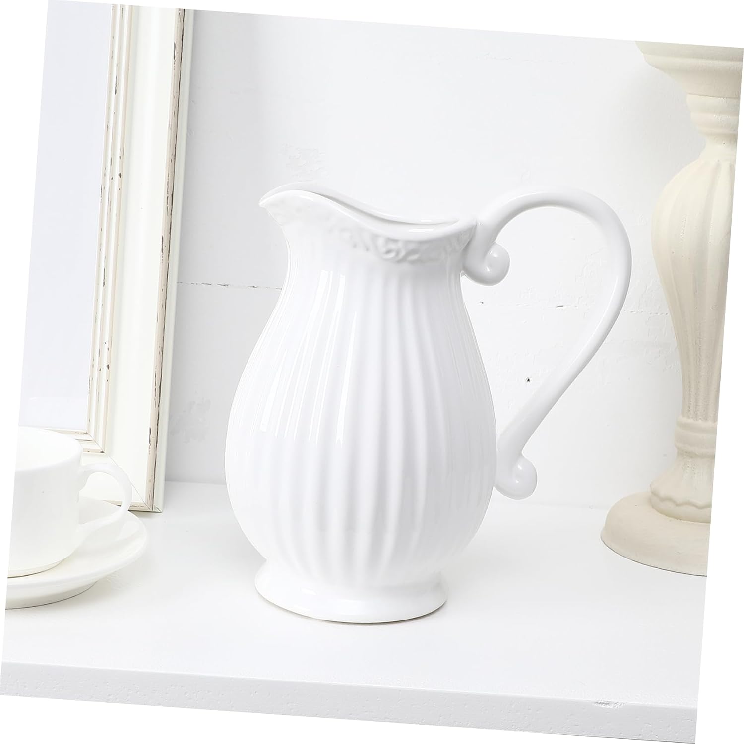 Angoily White Striped Ceramic Pitcher Vase with Handle
