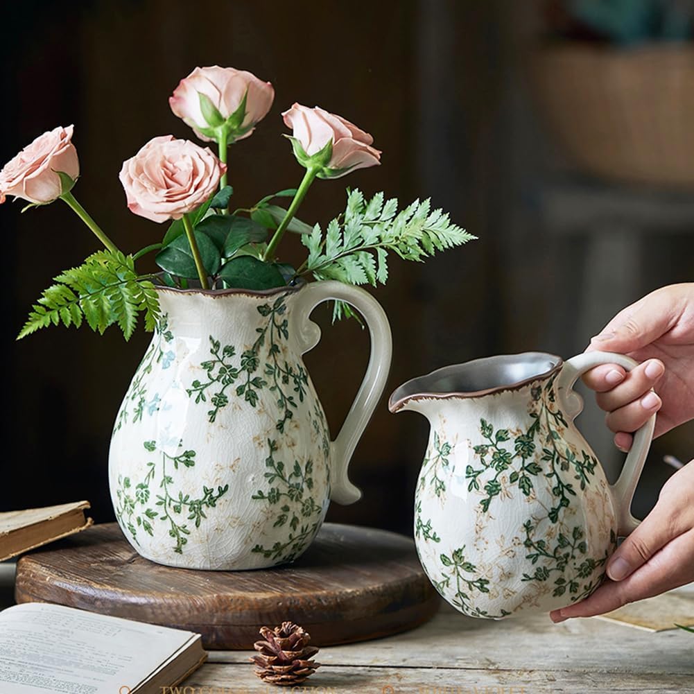 Vintage Green Floral Ceramic Pitcher Vase with Handle
