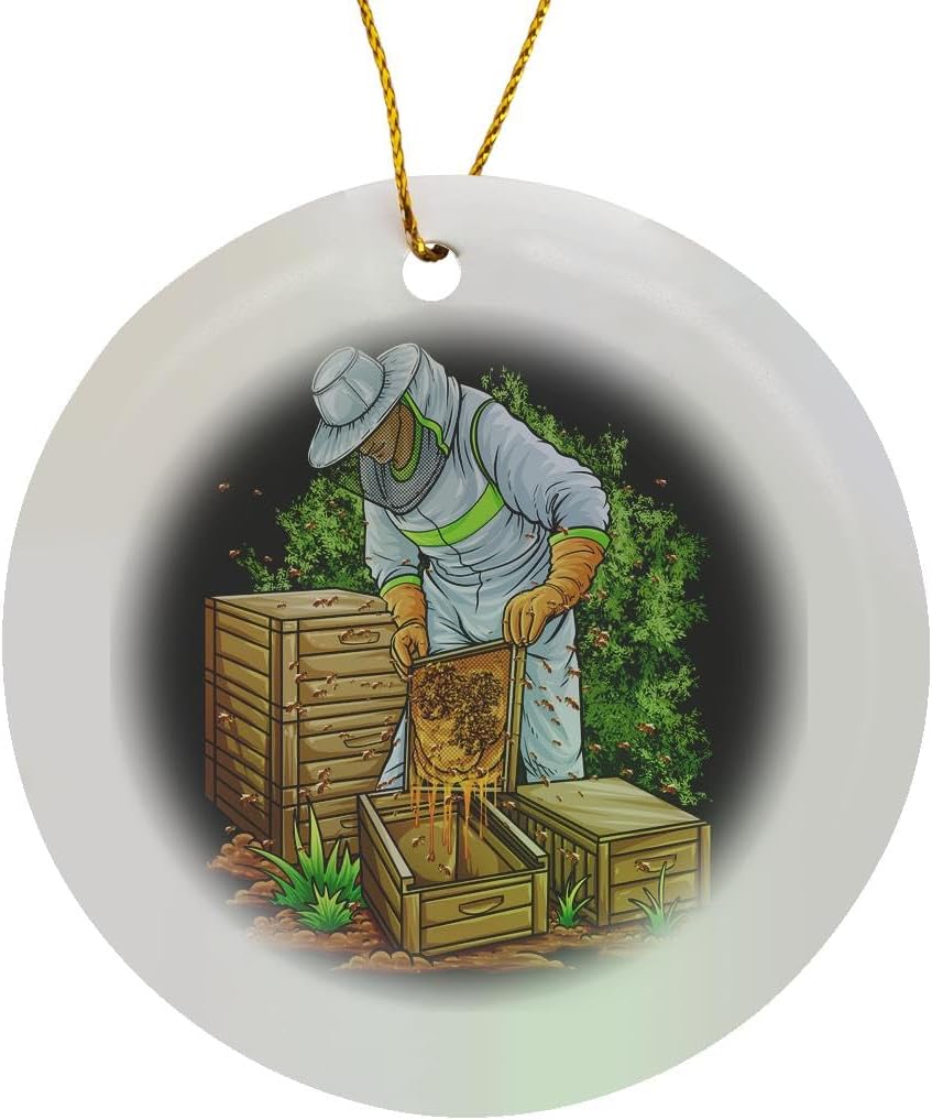3dRose Circle Porcelain Ornament Beekeeper with Bees and Honeycomb