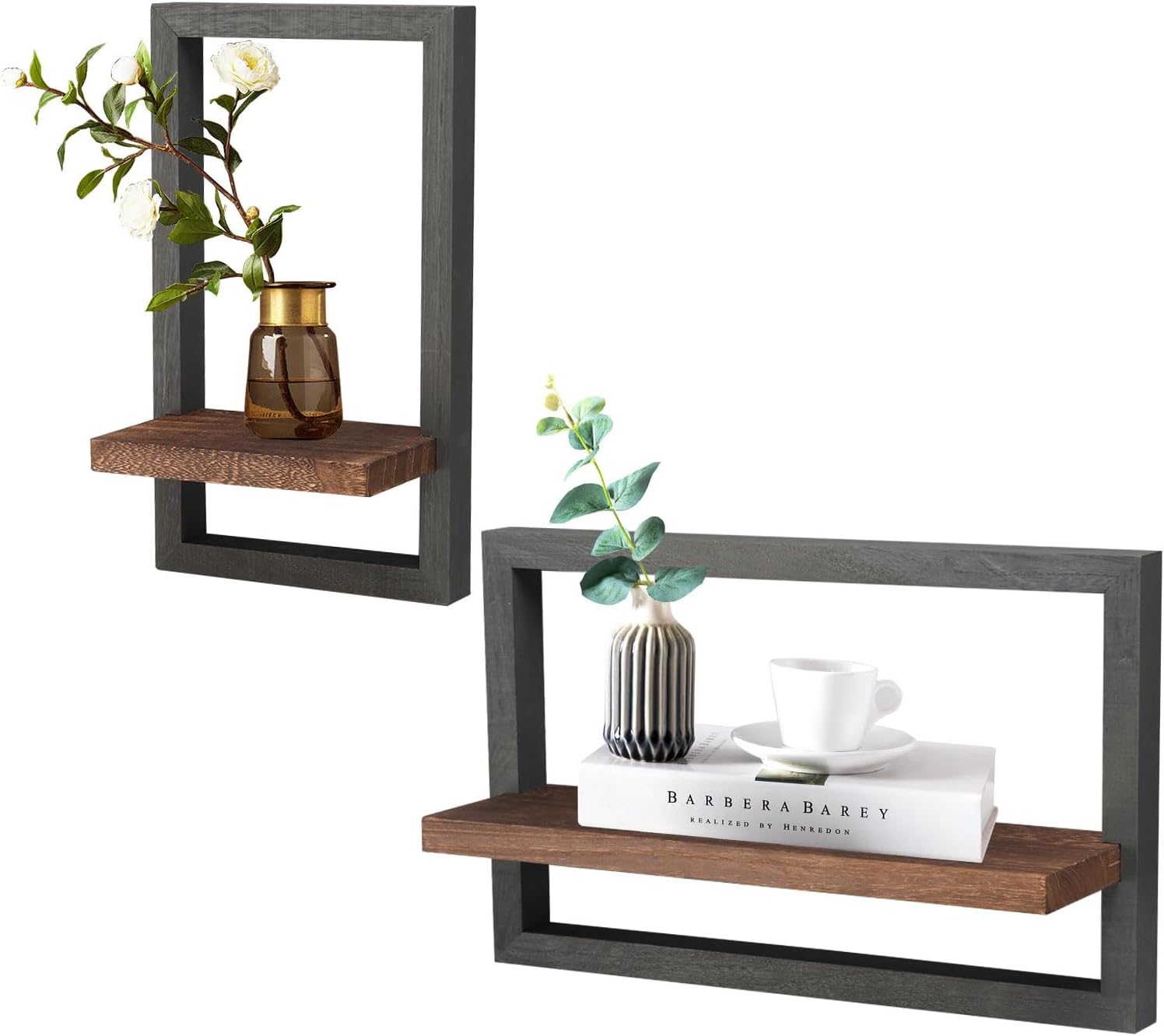 Qivine 2Pcs Black Wood Wall Shelves Square Floating Frame Design