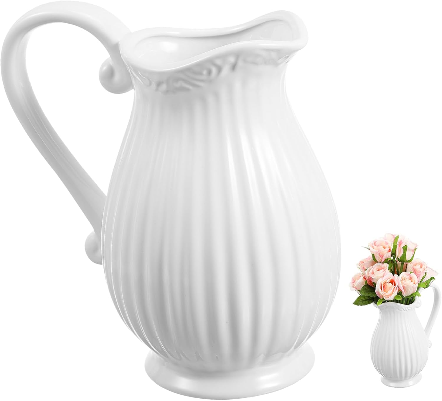 Angoily White Striped Ceramic Pitcher Vase with Handle