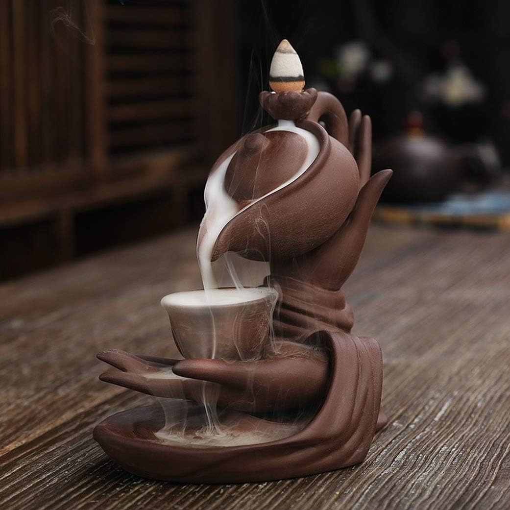 FIYOEO Buddha Hand Backflow Incense Burner Ceramic Teapot Shaped Holder