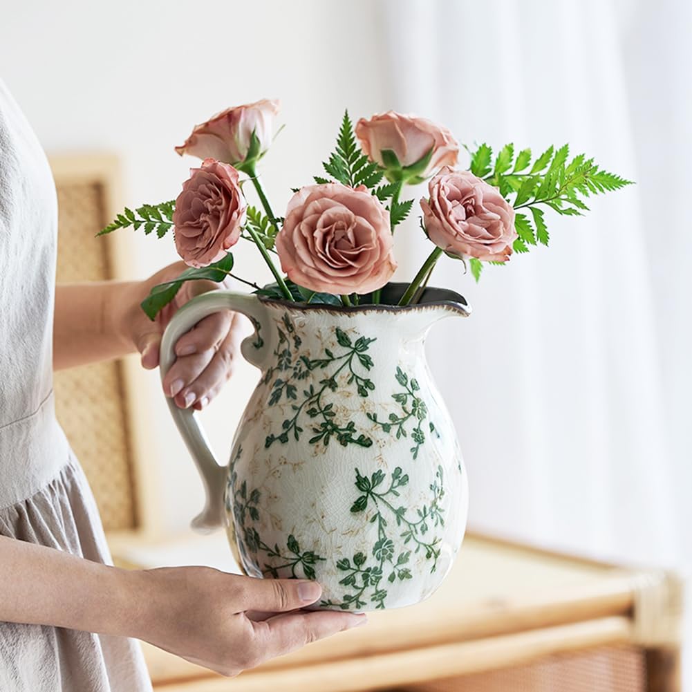 Vintage Green Floral Ceramic Pitcher Vase with Handle