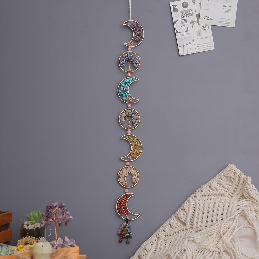 Chakra Wall Decor with 7 Healing Crystals and Tumbled Tassel Suncatcher