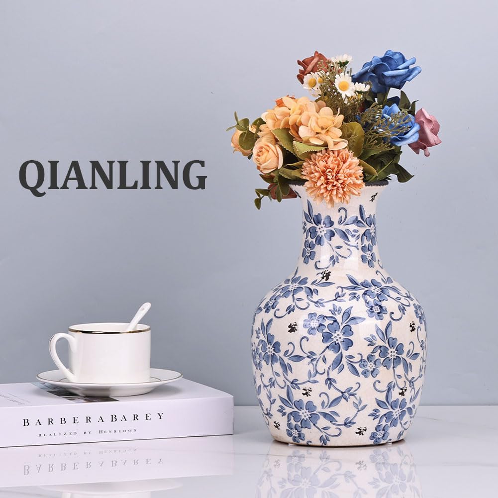 Qianling Blue and White Floral Vase - 106 Inch Vintage Ceramic Decor