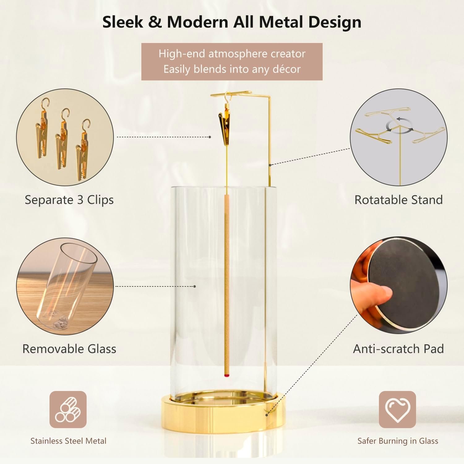 HaisWonsa Incense Holder Ash Catcher - Gold Modern Metal Vertical Burner for Sticks