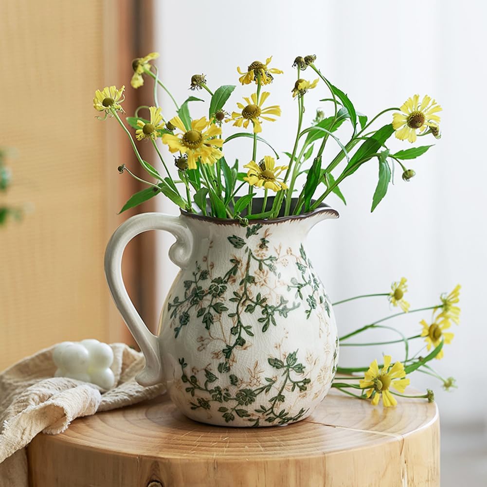 Vintage Green Floral Ceramic Pitcher Vase with Handle