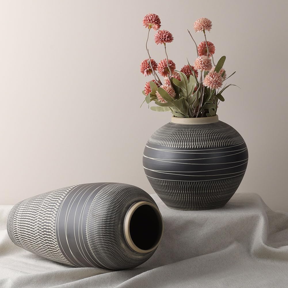 Modern Ceramic Vase with Black and Grey Stripes