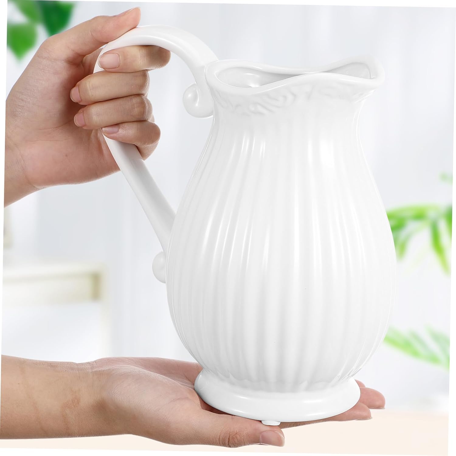Angoily White Striped Ceramic Pitcher Vase with Handle