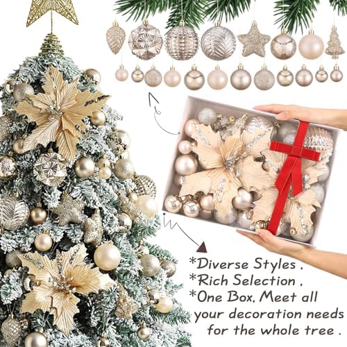 54Pcs Assorted Champagne Gold Xmas Tree Balls Ornaments Set