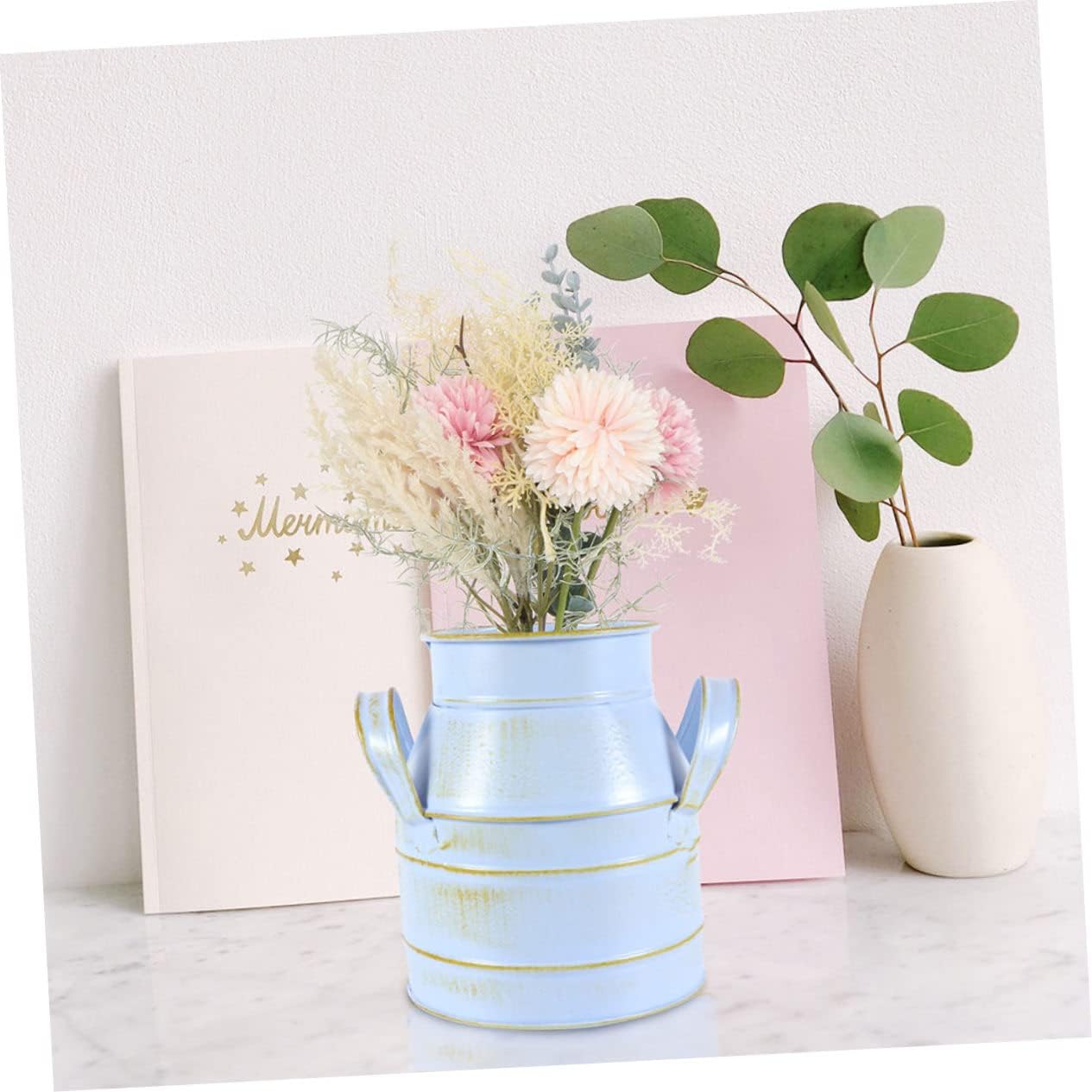 Cabilock 2pcs Retro Style Desktop Flower Bucket with Double Ears Iron Decorative Vase