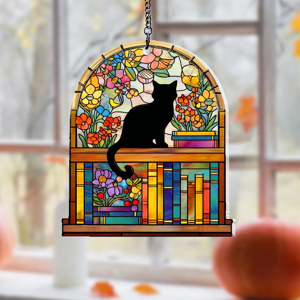 Custom Cat Books Suncatcher - Book Lover Decor Hanging Window Ornament