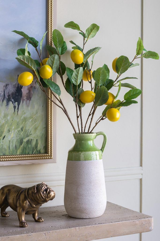 12 Tall Decorative Ceramic Jug Vase with Glossy Green and Natural Tan Finish