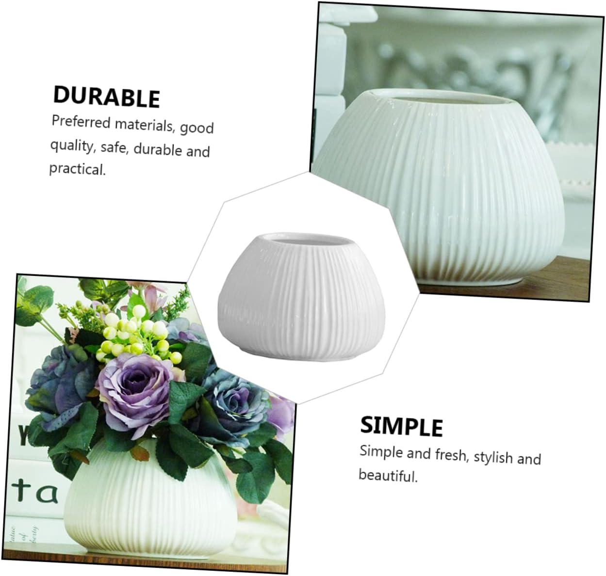 ORFOFE Ceramic Vase White Vertical Stripe 15x15x11cm