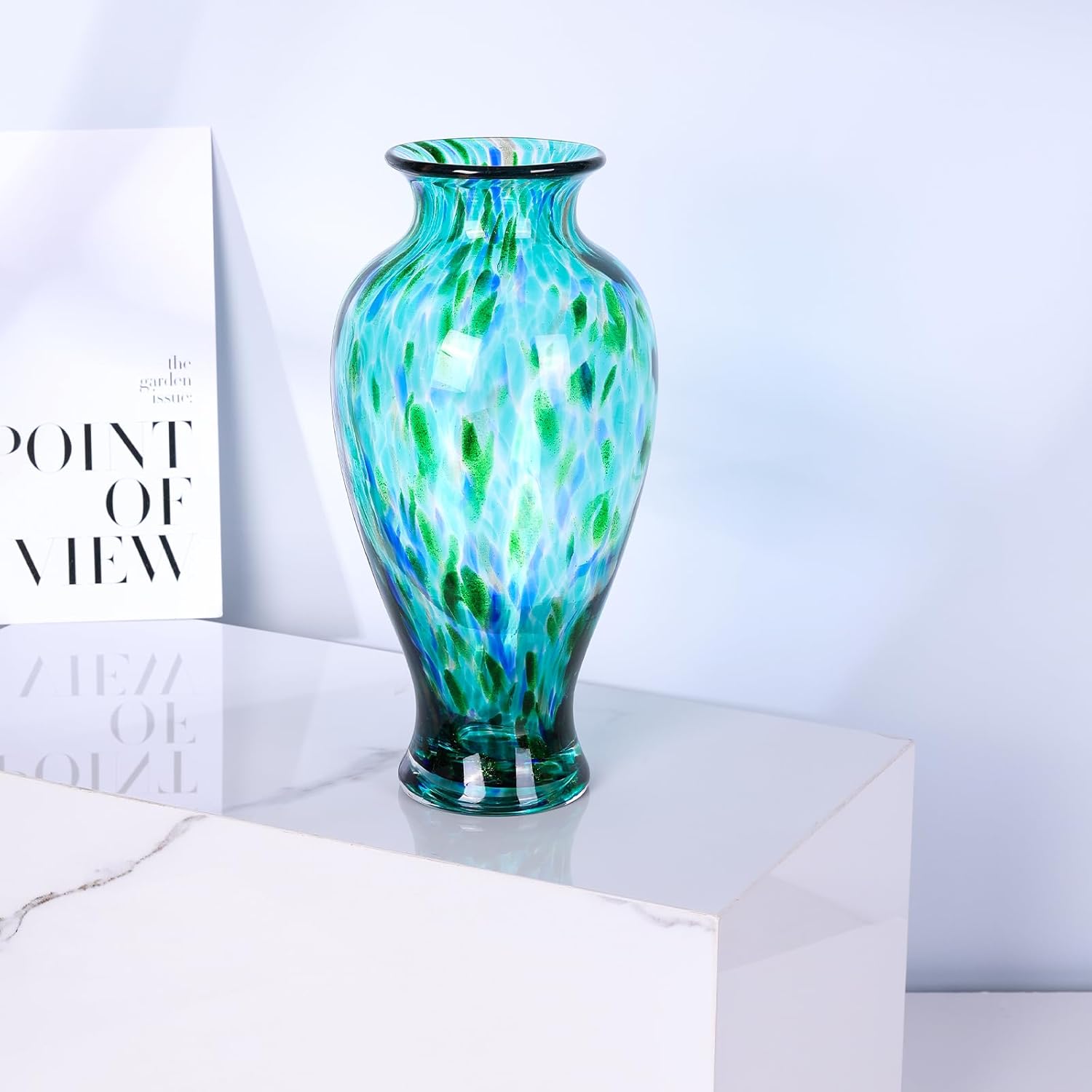 118 Inch Tall Teal Glass Vase with Green Base
