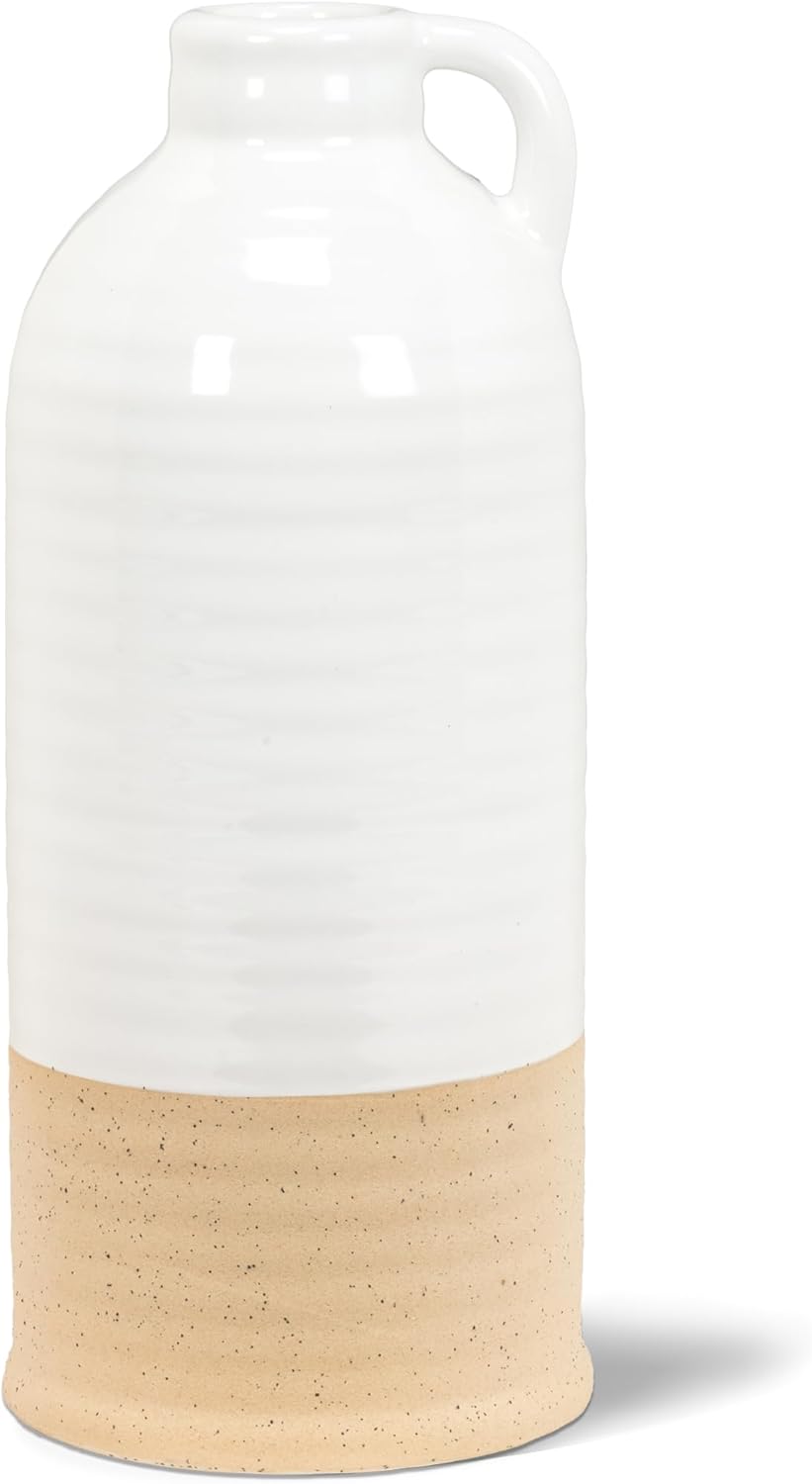Abbott Collection White and Natural Shiny Matte Vase with Handle Medium