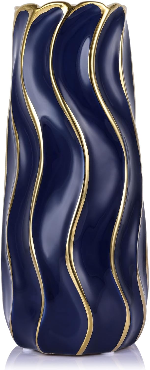 95 Inch Blue Ceramic Vase with Gold Accents