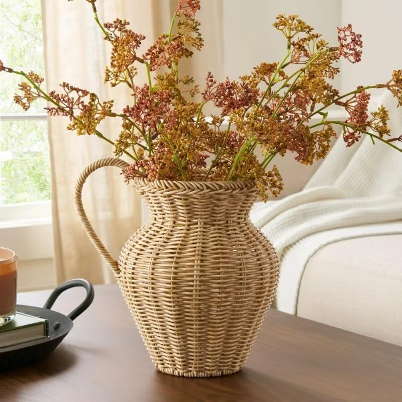 9 Inch Faux Wood Rattan Pitcher Vase for Dried Flowers