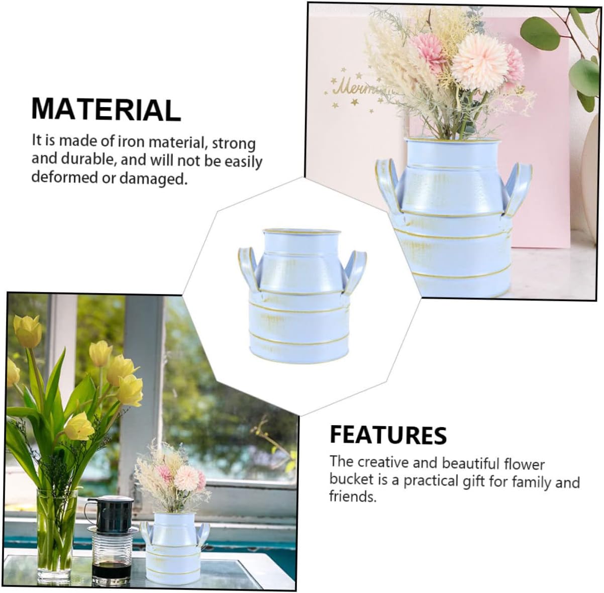 Cabilock 2pcs Retro Style Desktop Flower Bucket with Double Ears Iron Decorative Vase